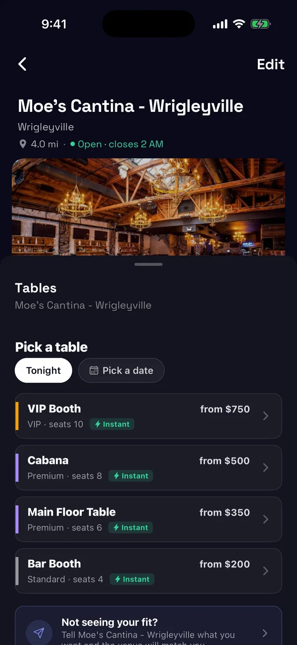 Wave table reservation screen